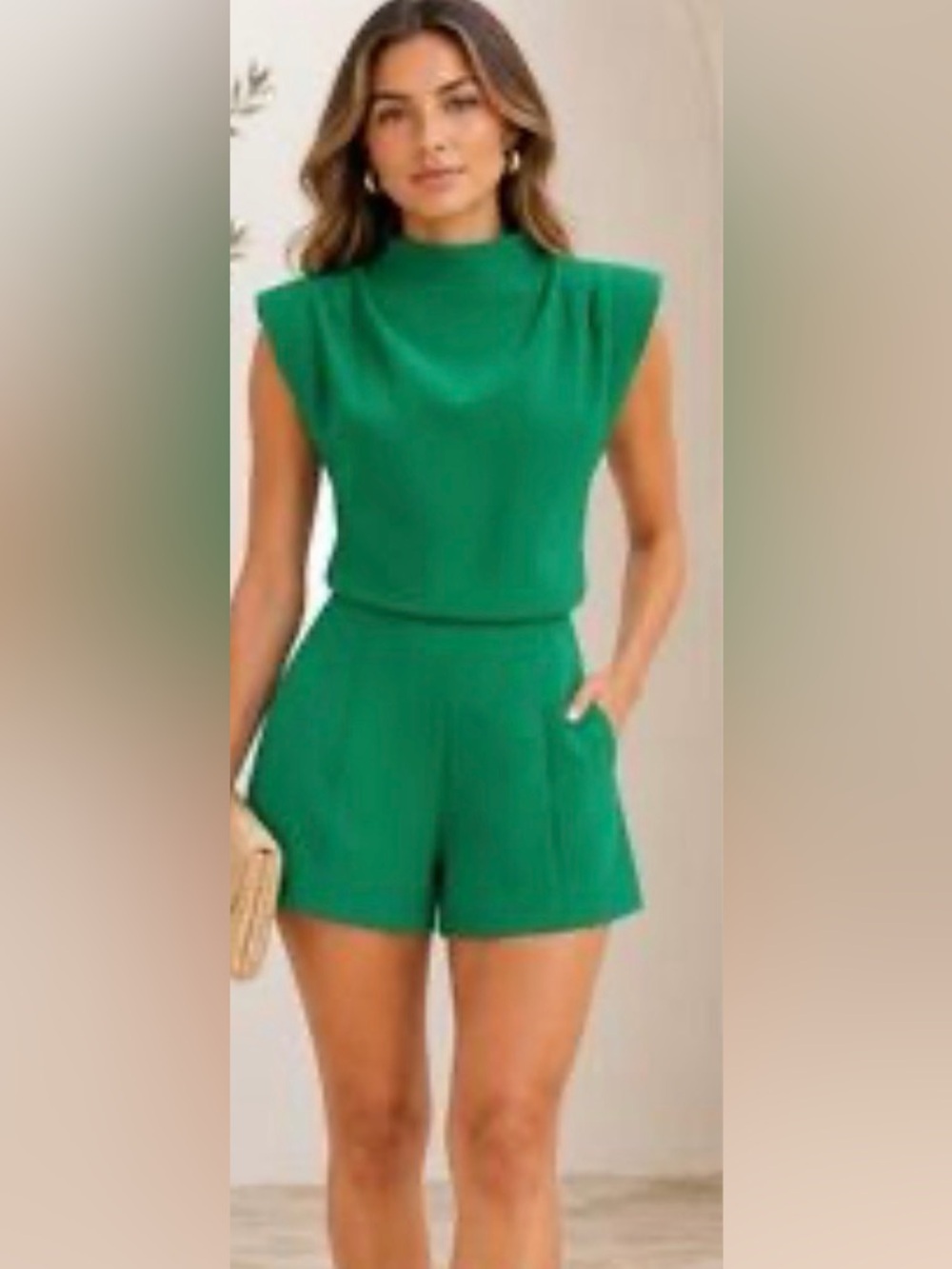 Commense Emerald Green Sleeveless Romper with Structured Shoulders